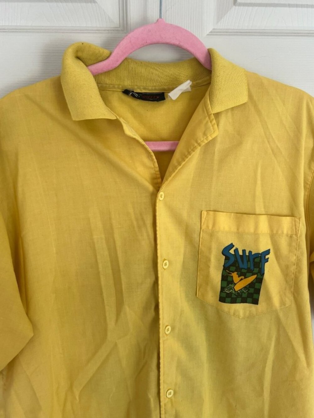 Vintage Electricity Surf City Yellow Short Sleeve Button Down Shirt Men's 80s - Picture 2 of 13